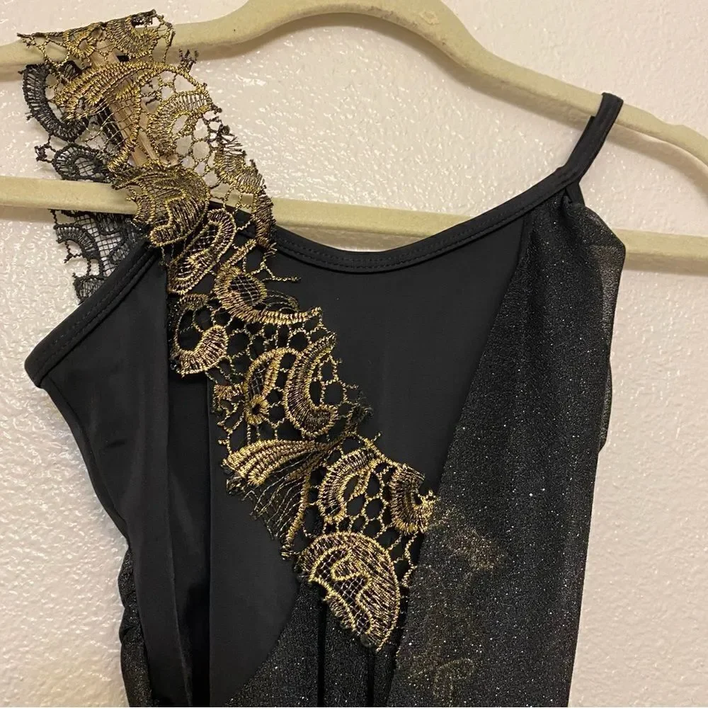 WEISSMAN Balera Dance Costume black drape dress Leotard D7278 child MC
